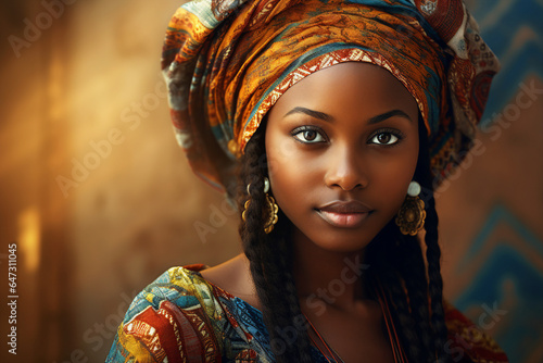 Generative Ai portrait of young black woman wearing traditional cultural clothes turban accessories