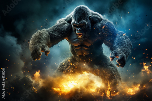 Generative ai collage photo of aggressive beast giant gorilla king kong using magic in fight