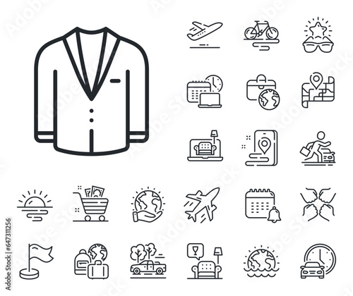 Menswear clothing sign. Plane jet, travel map and baggage claim outline icons. Suit line icon. Business wear symbol. Suit line sign. Car rental, taxi transport icon. Place location. Vector