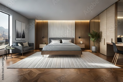 a bedroom with wooden furniture Generated Ai