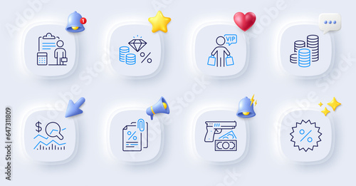 Coins, Money tax and Vip shopping line icons. Buttons with 3d bell, chat speech, cursor. Pack of Tax documents, Accounting, Robbery icon. Check investment, Discount pictogram. Vector