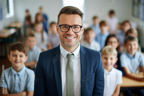 Generative AI portrait of confident male teacher looking at camera schoolkids on background in class room at the elementary school