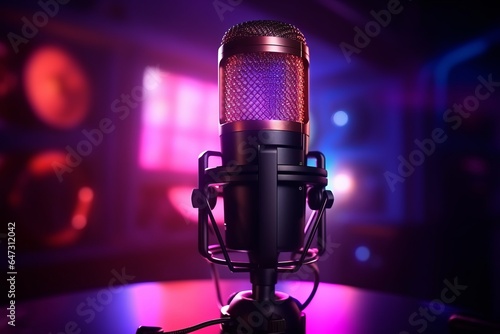 A close-up of a microphone and headphones for podcast, stream or ASMR sounds on black stand in a neon led lighting, cyan and magenta, in a sound recording studio.