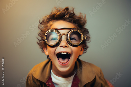 Picture of nice cheerful crazy kid wear eyeglasses have fun good mood generative AI concept © Tetiana