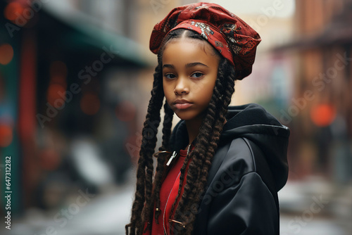 Fototapeta Naklejka Na Ścianę i Meble -  Generative AI photography of beautiful girl with braids and dreadlocks walking evening city streets