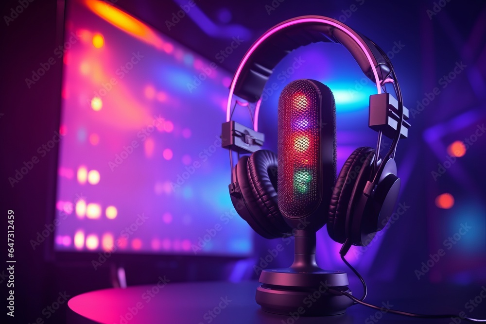A close-up of a microphone and headphones for podcast, stream or 