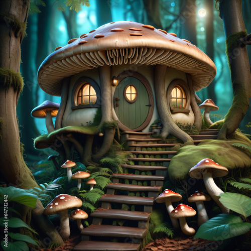 Mushroom-shaped hobbit house in the forest Surrounded by big tre