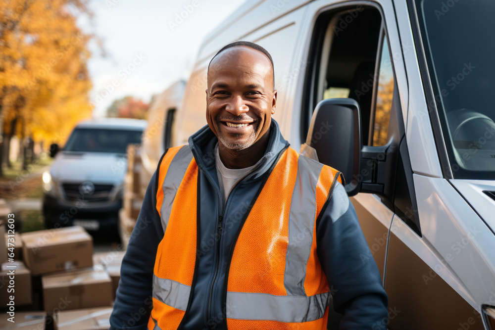 Happy Smiling Delivery Man Standing with Truck bokeh effect with lots of blur Happy Smiling Delivery Man Standing with Truck bokeh effect with lots of blur