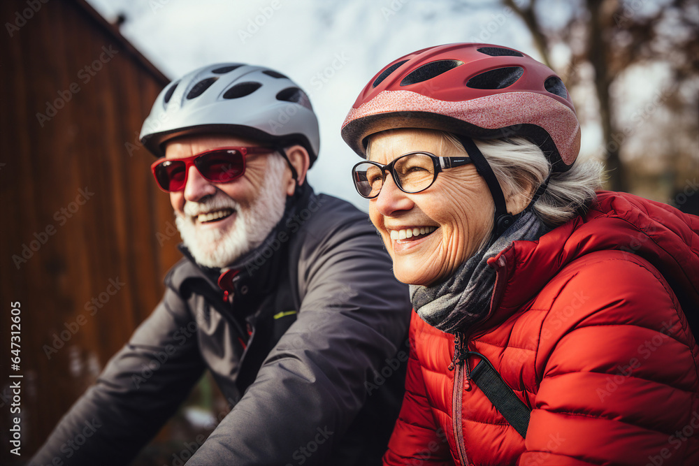 Generative AI photo of retired funny people in protective helmets riding bike together walking park exploring city outdoors Generative AI photo of retired funny people in protective helmets riding bike together walking park exploring city outdoors