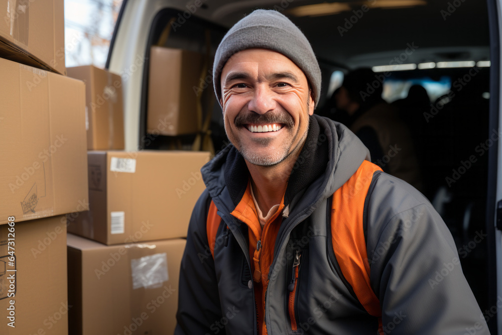Happy Smiling Delivery Man Standing with Truck bokeh effect with lots of blur Happy Smiling Delivery Man Standing with Truck bokeh effect with lots of blur