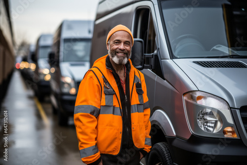 Happy Smiling Delivery Man Standing with Truck bokeh effect with lots of blur