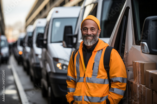 Happy Smiling Delivery Man Standing with Truck bokeh effect with lots of blur