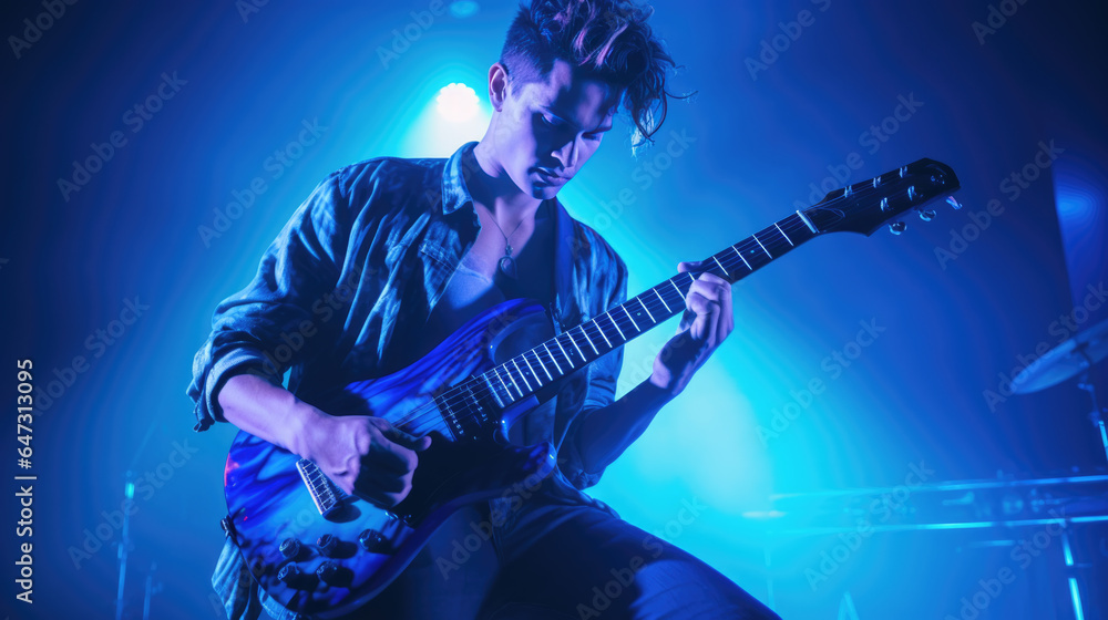 Obraz premium Male musician playing guitar at a rock concert
