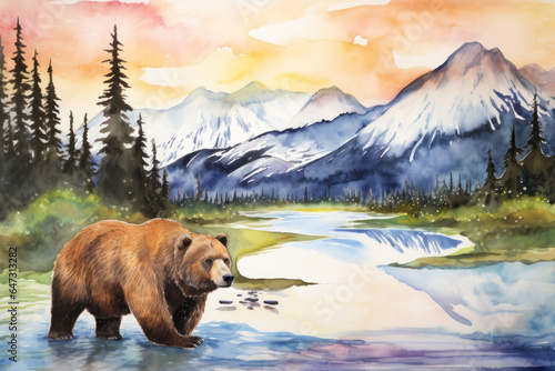 Alaska natural scenery background with a polar bear, watercolor