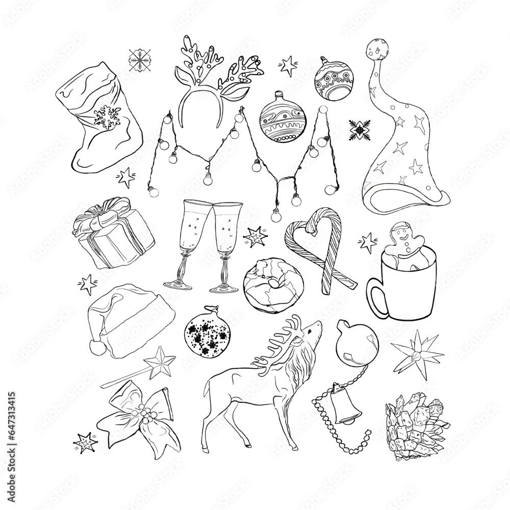 Obraz premium Christmas colouring pages from Christmas elements, animals and other decorations. New Year's colouring. For child colouring book, tattoo design, printing, package, card, designer, clothes, icon
