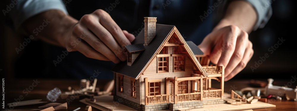 Male architect builds a model of a house or building in his office