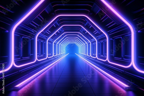 A futuristic tunnel with bright neon lights and advanced technology. Perfect for space and science designs. Generative AI