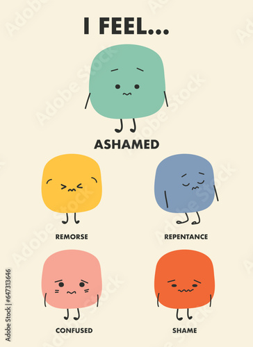cute characters expressing different emotions of ashamed and text