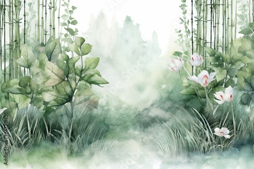 Watercolor forest illustration with lotuses, bamboo, and grunge style interior wallpaper mural for the room. Generative AI © David