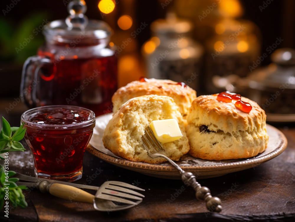 Delicious scones with butter and jam served on the table. Traditional English food that is usually served with tea. Delicious scones with butter and jam served on the table. Traditional English food that is usually served with tea.