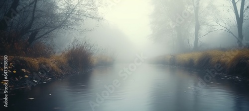 Spooky foggy river. Generative AI technology.