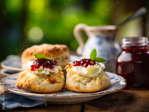 Delicious scones with butter and jam served on the table. Traditional English food that is usually served with tea.