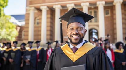 Happy smiling graduating student guy in an academic gown standing in front of other alumni