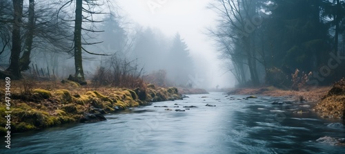 Misty autumn river. Generative AI technology.