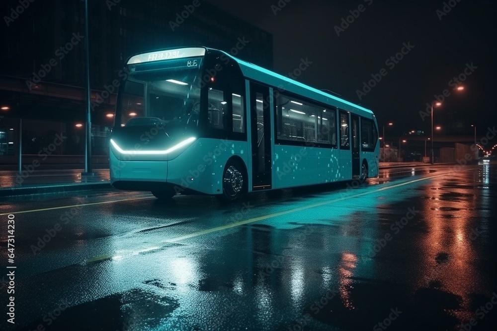 Autonomous electric bus serving urban public transport at night. Generative AI