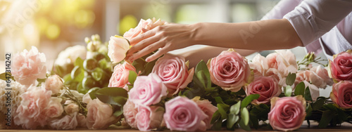 Cropped view of florist hands making flower bouquet on table surface © MP Studio
