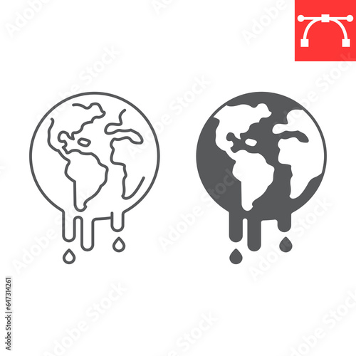 World melting line and glyph icon, climate change and ecology, global warming vector icon, vector graphics, editable stroke outline sign, eps 10.