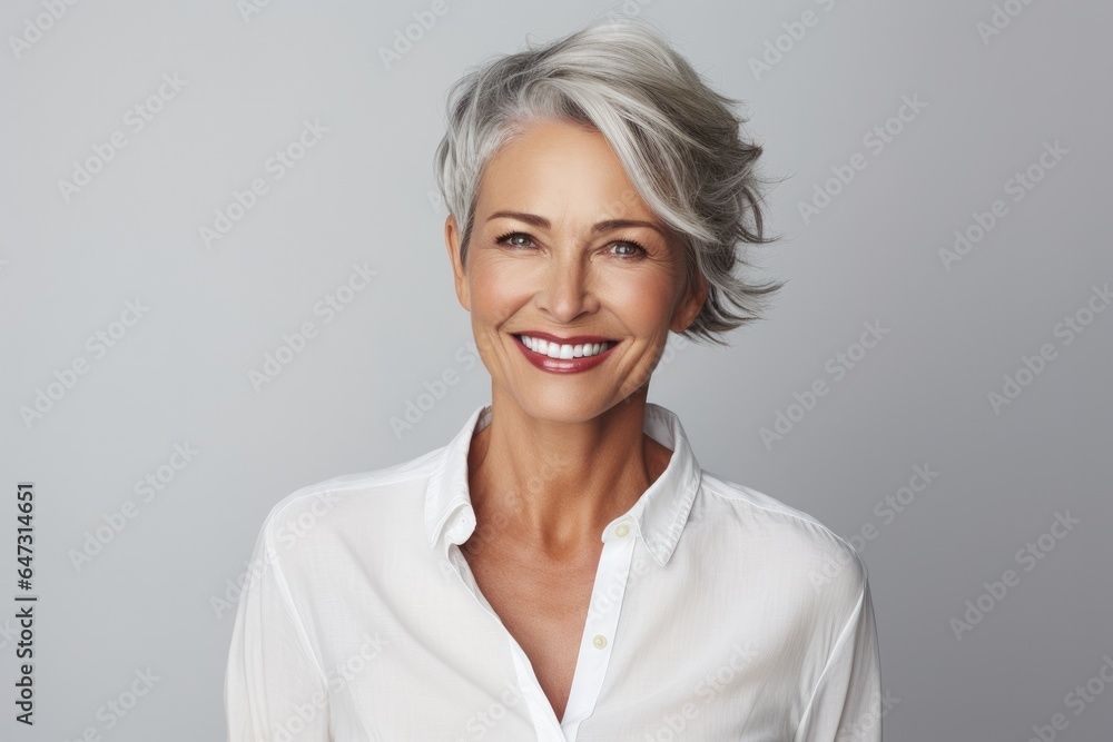 Beautiful model woman with grey hair isolated grey background Beautiful model woman with grey hair isolated grey background