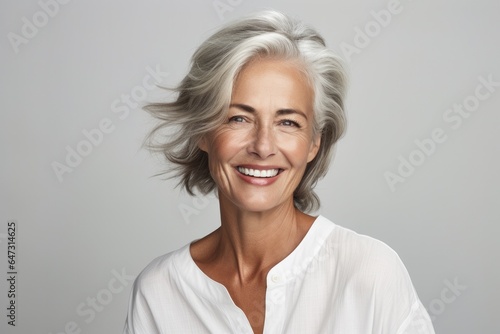 Beautiful model woman with grey hair isolated grey background