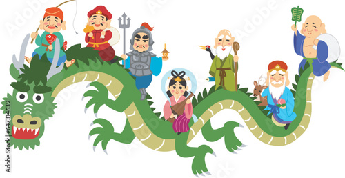 年賀状素材イラスト　辰年　龍に乗る七福神