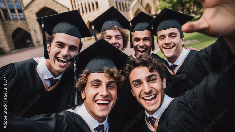 Happy smiling graduating students friends in an academic gowns standing in front of college