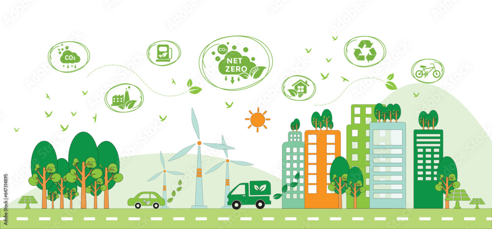 Net zero and carbon neutral concept. Net zero greenhouse gas emissions target. Climate neutral long term strategy with green net zero icon on green eco friendly city with circles doodle background.
