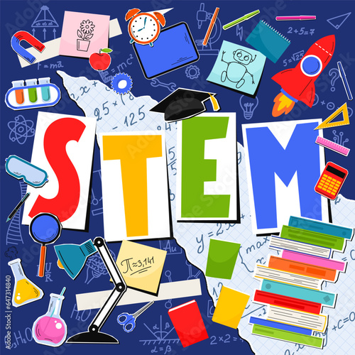 STEM. Science, technology, engineering, mathematics. Science education collage with hand written word "STEM". Square composition