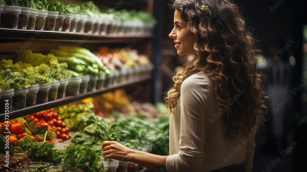 Woman standing in front of shelves with fresh fruit and vegetable, choosing concept, big assortment, Buying healthy organic food in supermarket.