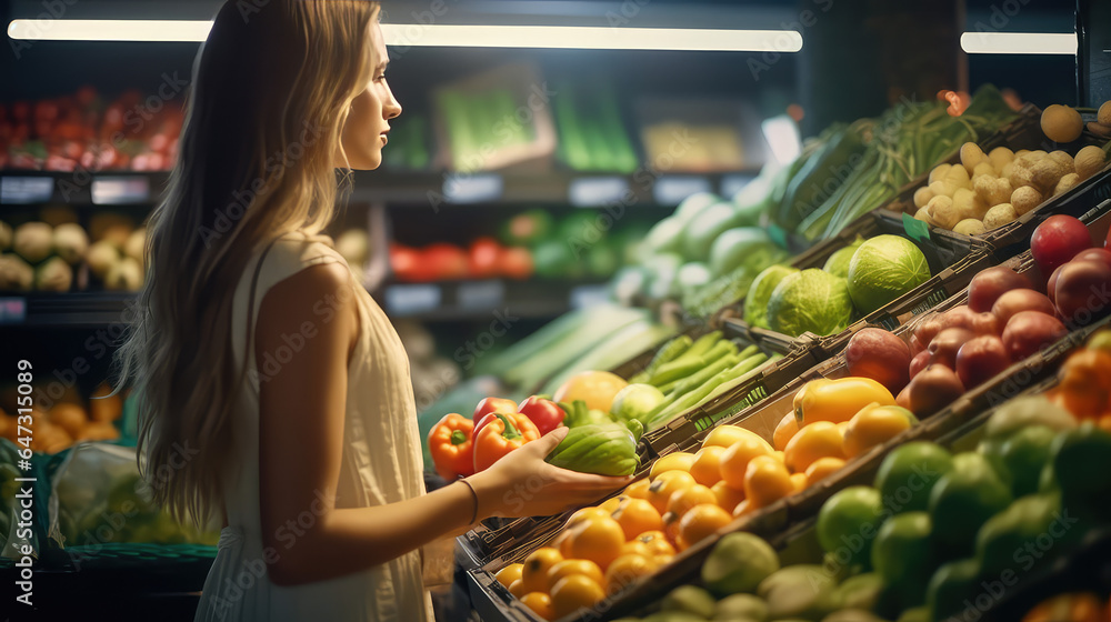 Woman standing in front of shelves with fresh fruit and vegetable, choosing concept, big assortment, Buying healthy organic food in supermarket.