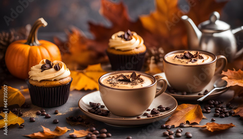 Happy Halloween, Fancy Chocolate Cupcakes and Spicy Chai Latte on the table with Pumpkin and Autumn leaves   photo