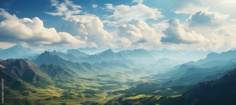 Mountains valley panoramic background. Generative AI technology.	
