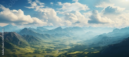 Mountains valley panoramic background. Generative AI technology.  