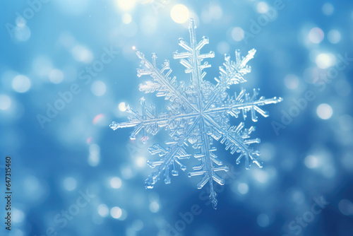 Winter composition with single snowflake on abstract background. Snow crystal close up