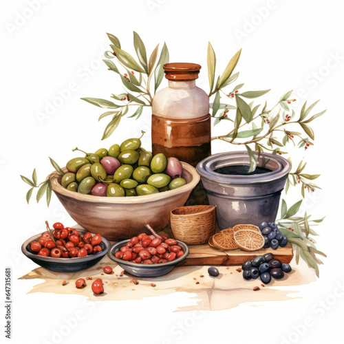 Olive Festival in Spain. Watercolor clipart. Pickled olives in a plate, bottles of olive oil