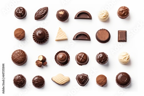 Collection of various chocolate pieces on white background. Generative AI