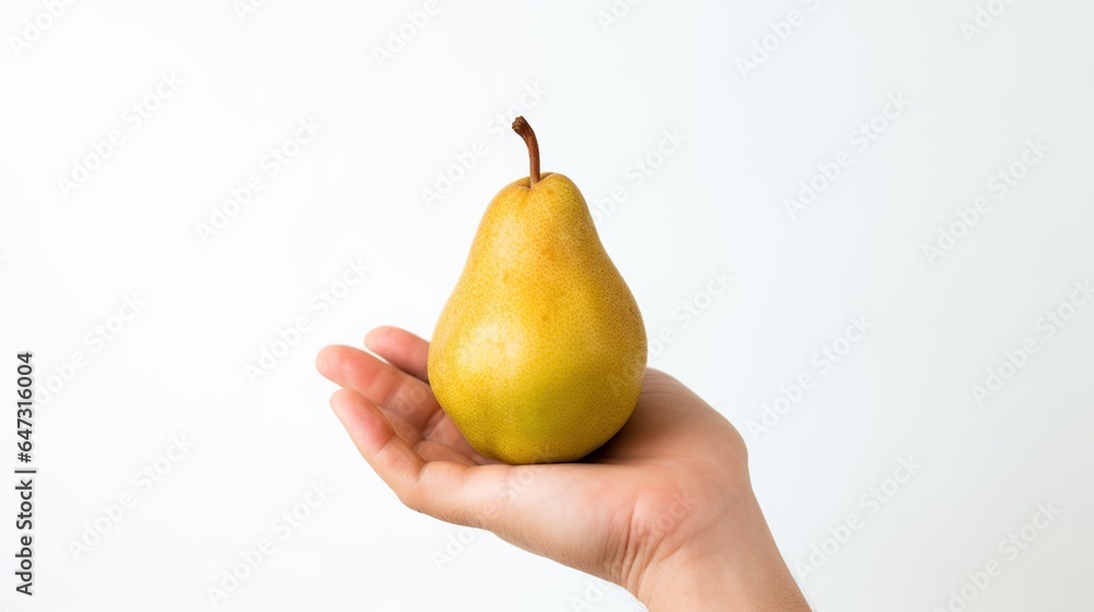 Hand holding pear fruit isolated white background. AI generated