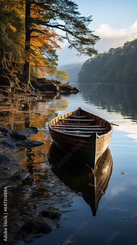 boat with beautiful trees around with forest landscape 