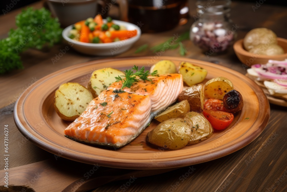 Grilled salmon steak with vegetables on a plate. Generative AI Grilled salmon steak with vegetables on a plate. Generative AI