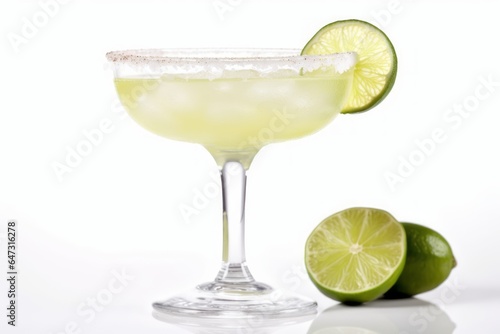 Margarita cocktail with salted rim and lime garnish isolated on white background. Generative AI
