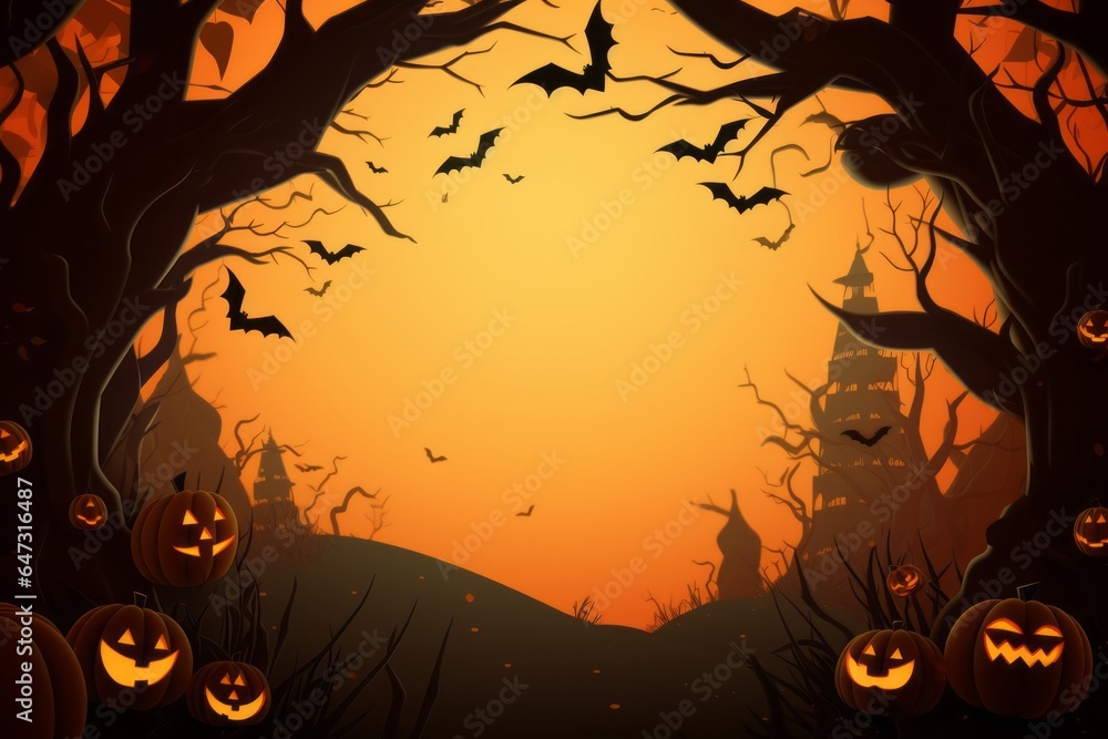 Halloween background with pumpkin and bats. Generative AI